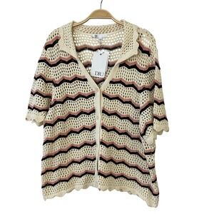 DR2 Boho Crochet Open Knit Chevron Cardigan Women Size XL Cream Short Sleeve NWT
